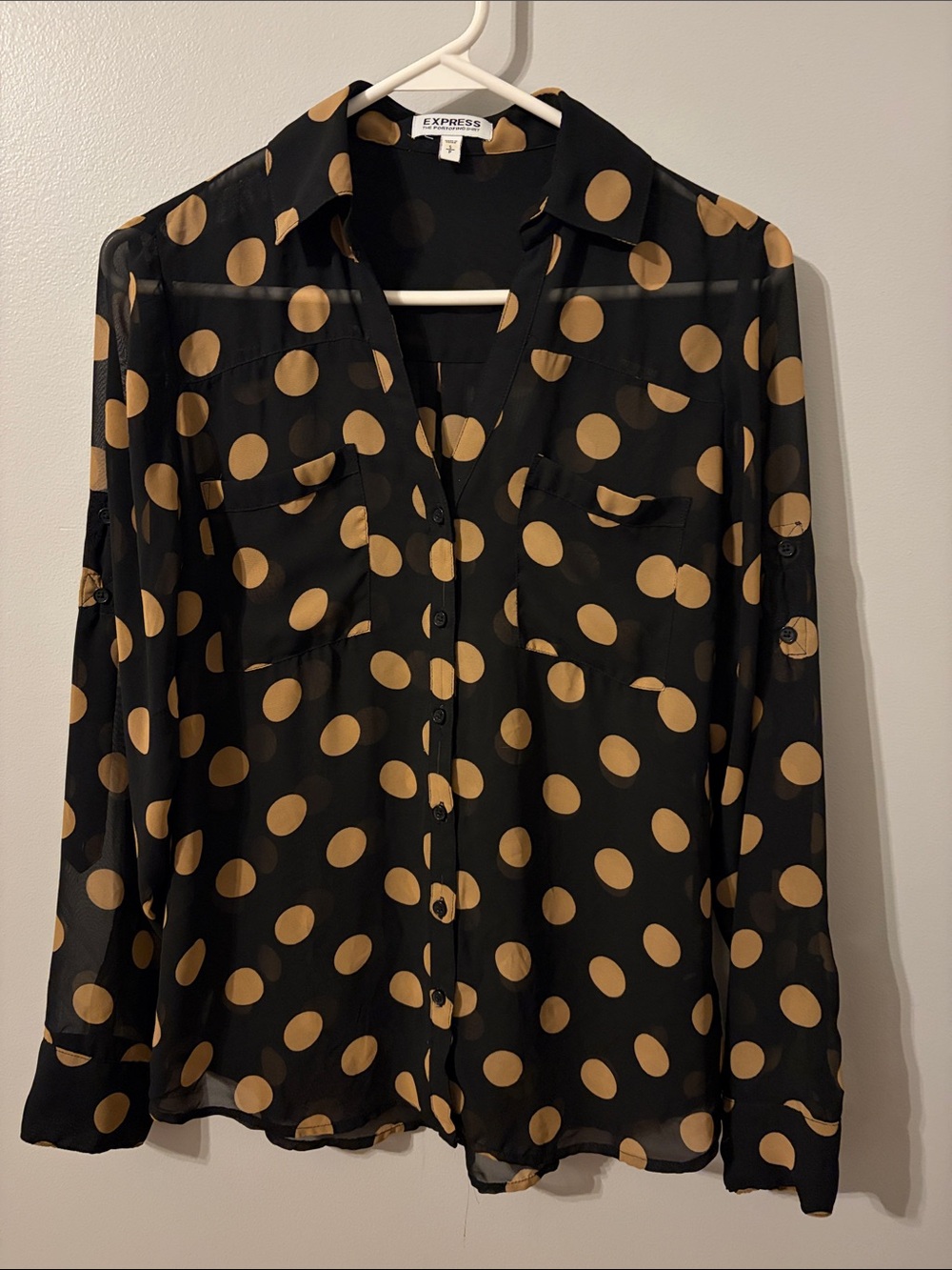 Express Black Sheer Button-Front Blouse with Tan Polka Dots